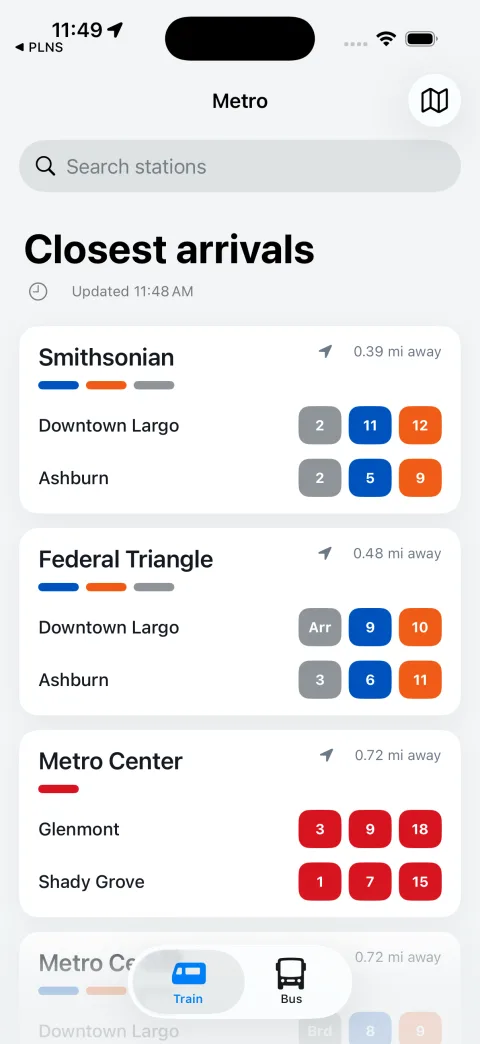 Capital DC Metro showing the closest train arrivals