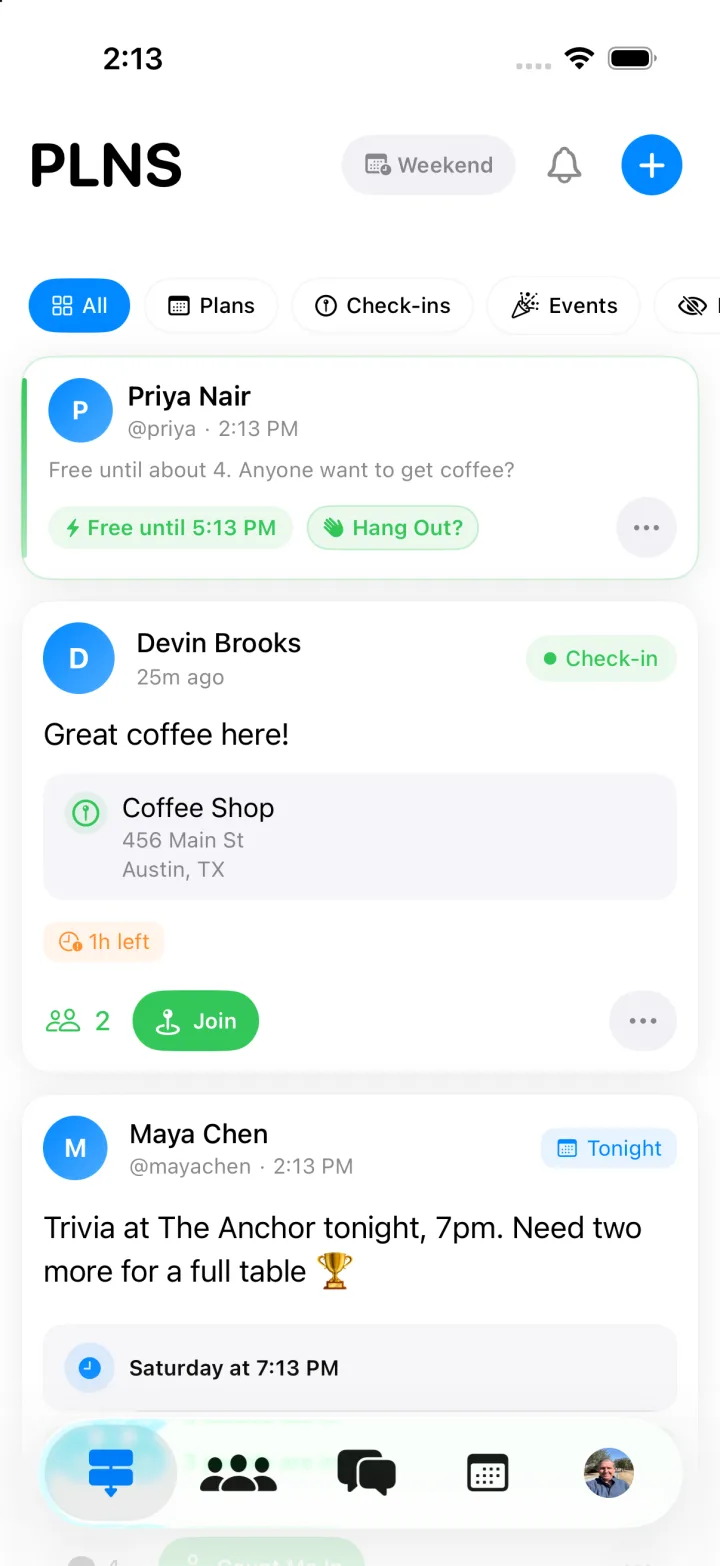 PLNS home feed showing friends who are free, a check-in at a coffee shop and a trivia night plan