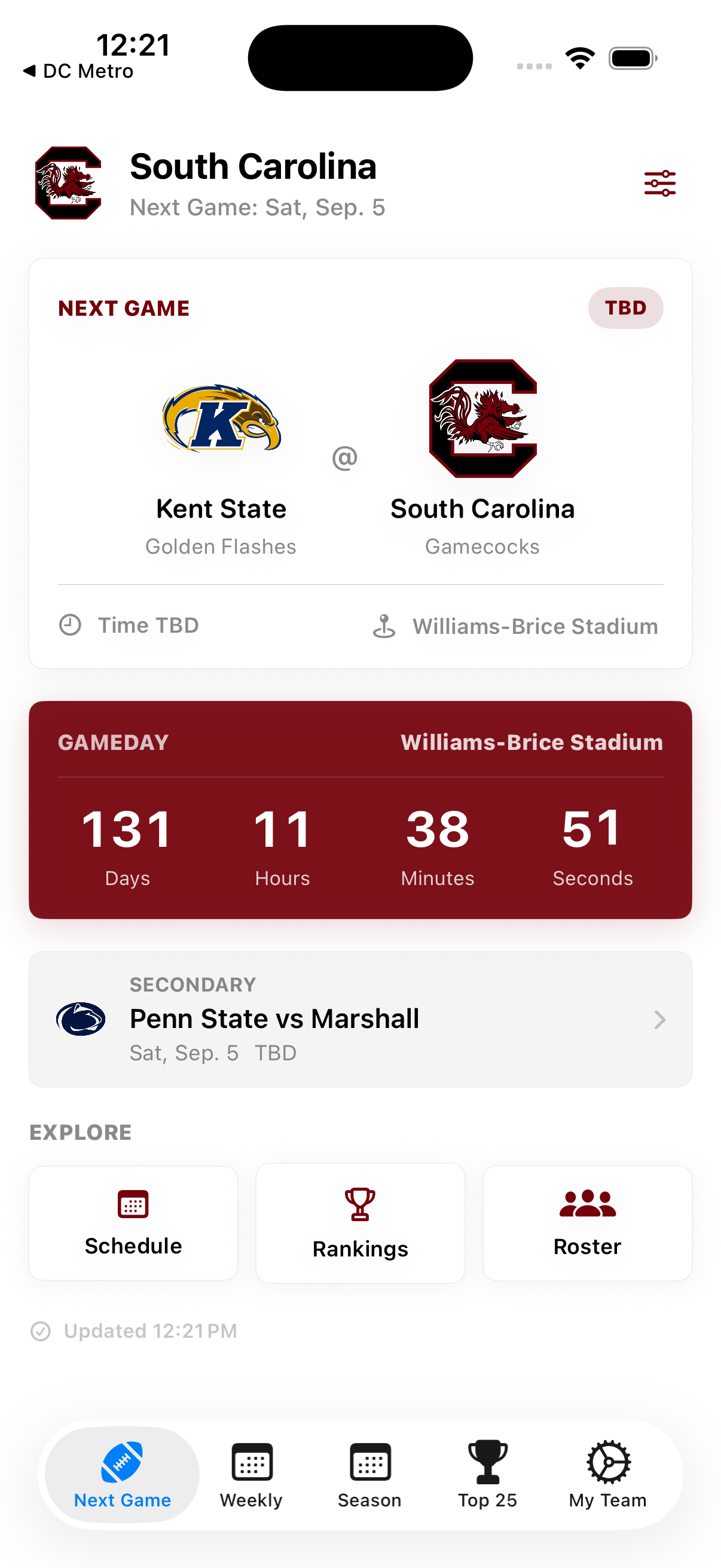 College Football 2026 home screen showing South Carolina next game, gameday countdown, secondary game, and quick links.