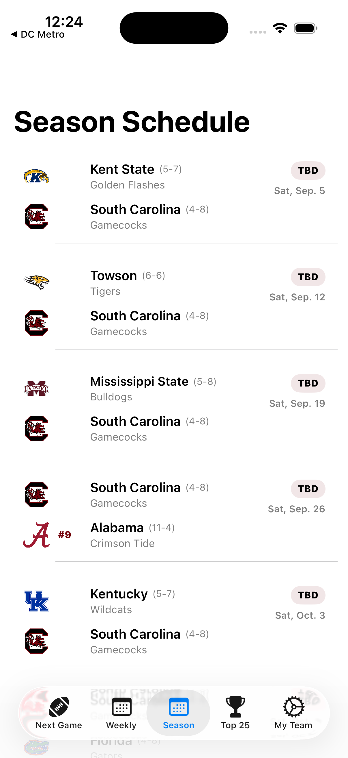 College Football 2026 season schedule screen showing a team's upcoming games.