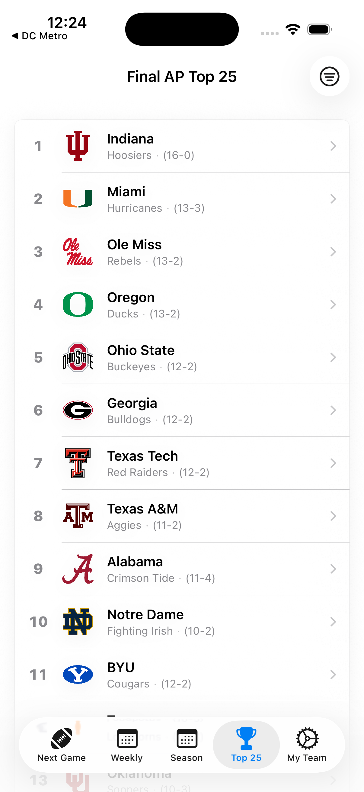 College Football 2026 Top 25 rankings screen showing ranked teams and records.