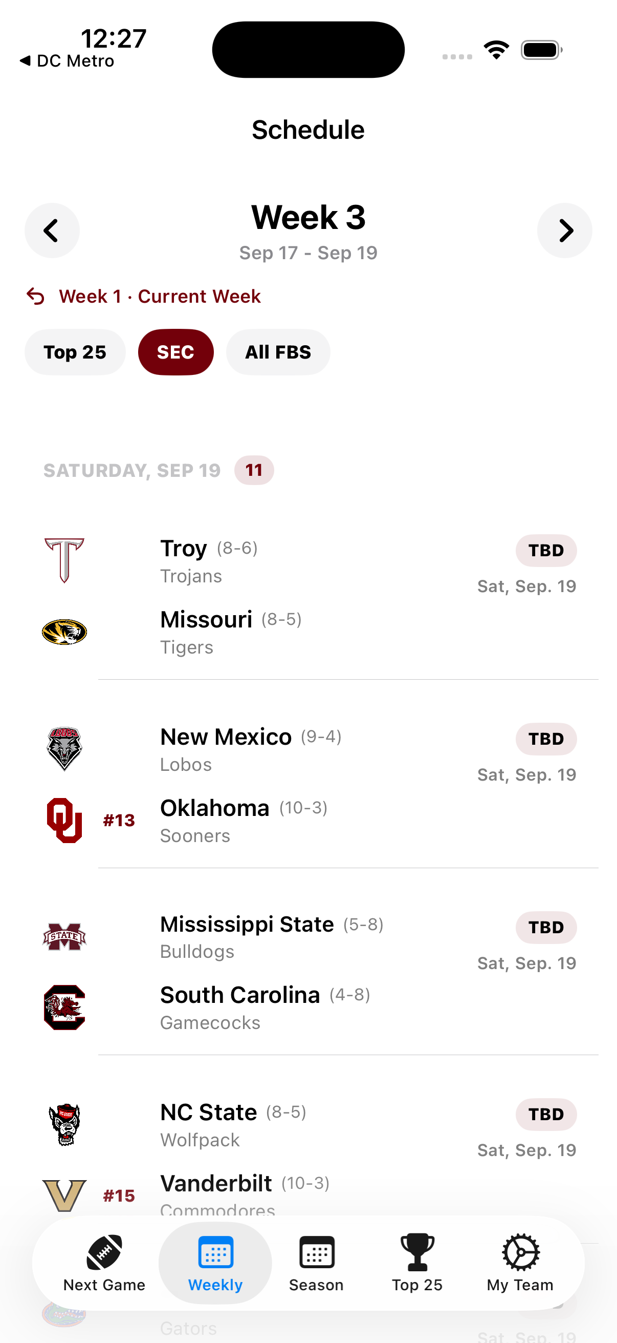 College Football 2026 weekly schedule screen showing Week 3 SEC matchups and filters.